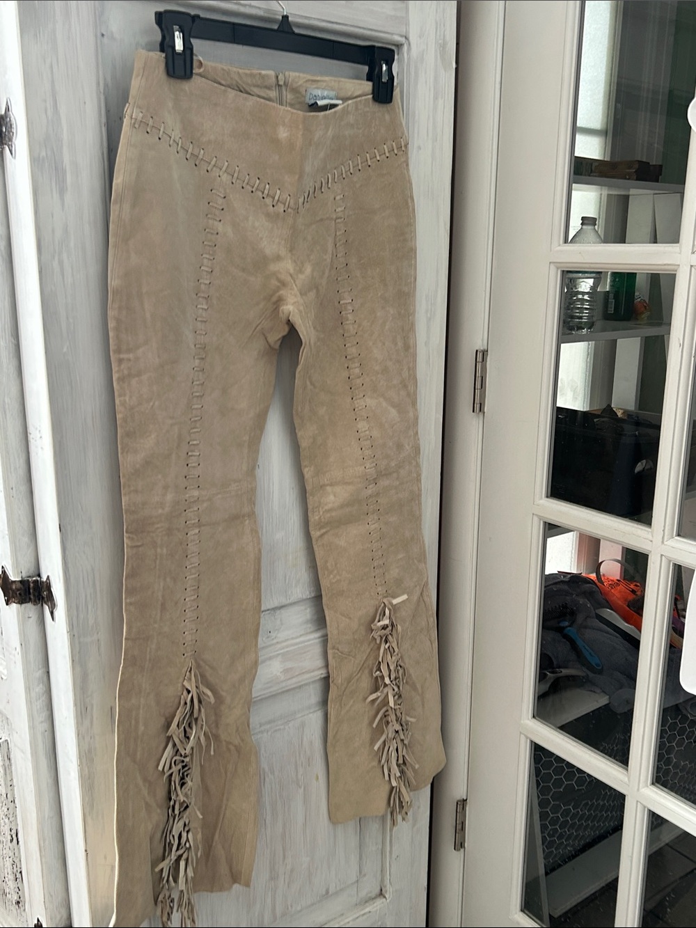 Women's Beige Suede Fringe Wide-Leg Jeans